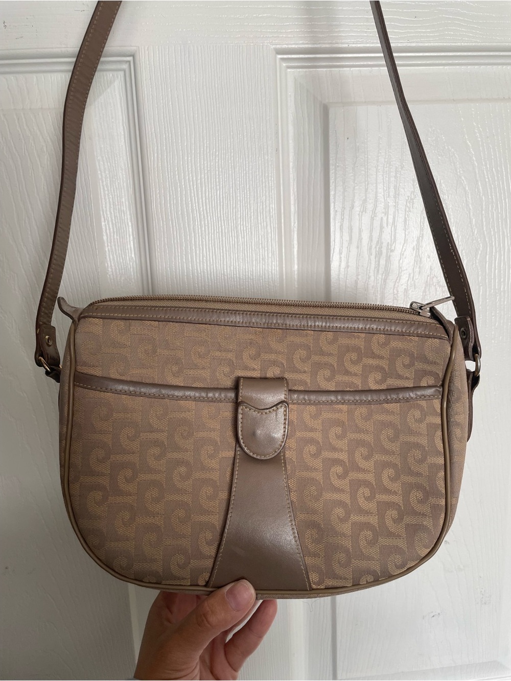 Vintage Pierre Cardin Brown and Tan Monogram Jacquard Crossbody Shoulder Bag